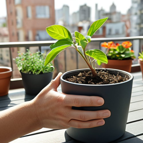 Home 4 **
A person's hands carefully planting a small seedling in a pot on a sunny balcony filled with various green plants. In the background, a blurred cityscape suggests the contrast between urban life and the personal oasis. Focus on the hopeful and nurturing aspect of creating a small garden.
**