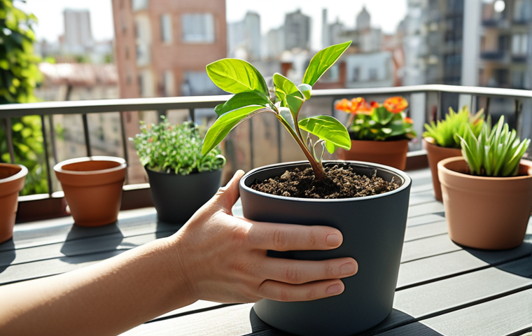 **

A person's hands carefully planting a small seedling in a pot on a sunny balcony filled with various green plants. In the background, a blurred cityscape suggests the contrast between urban life and the personal oasis. Focus on the hopeful and nurturing aspect of creating a small garden.

**